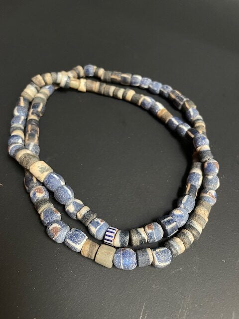 Vintage tradebeads necklace from Ghana blue and white striped