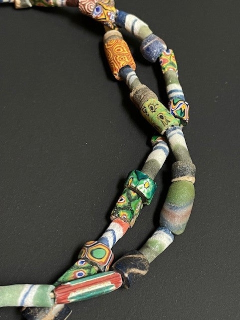 Vintage tradebeads necklace from Ghana mix striped and millefiori 