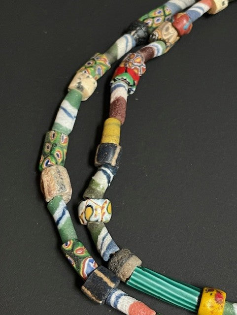 Vintage tradebeads necklace from Ghana mix striped and millefiori 