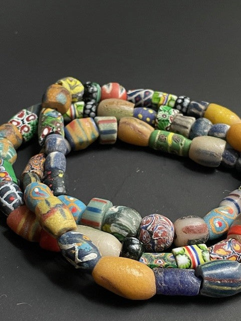 Long vintage tradebeads necklace from Ghana millefiori mix