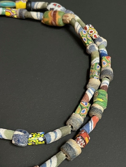 Vintage tradebeads necklace from Ghana mix striped and millefiori 