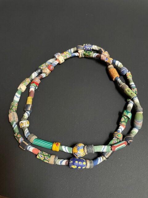 Vintage tradebeads necklace from Ghana mix striped and millefiori 