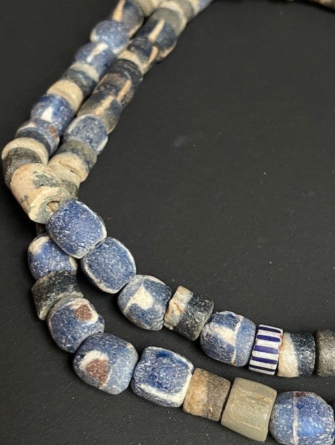 Vintage tradebeads necklace from Ghana blue and white striped