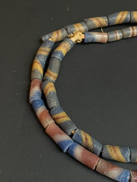 Vintage Ghanaian trade bead necklace blue striped 