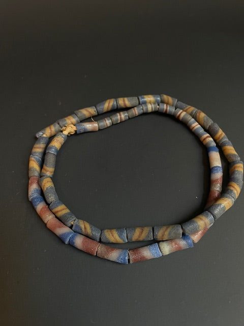 Vintage Ghanaian trade bead necklace blue striped 