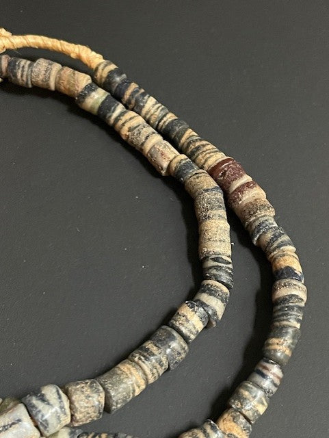 Vintage Ghanaian trade bead necklace grey striped 