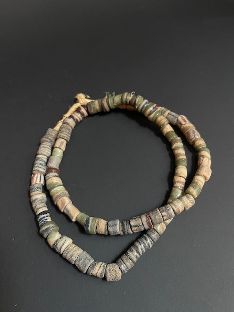 Vintage Ghanaian trade bead necklace light grey striped 