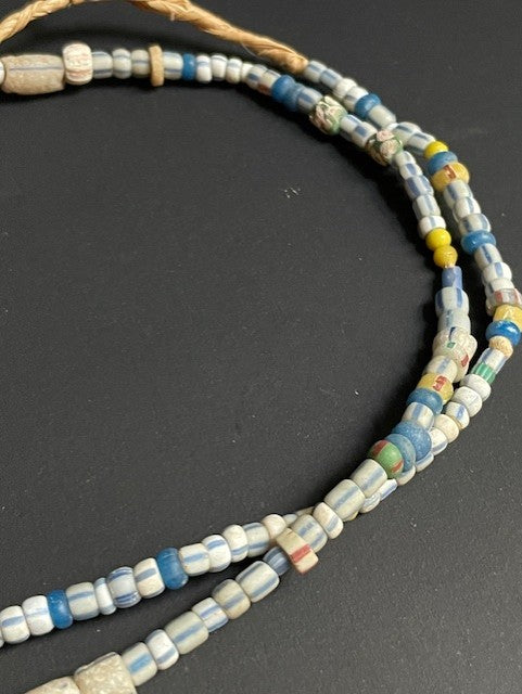 Vintage trade bead necklace from Ghana white-blue striped 