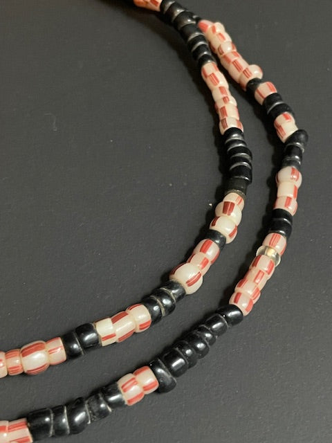 Long vintage trade beads necklace from Ghana black-red-white 